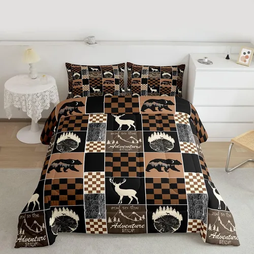 Miniatura 57 de Juego de edredón de oso y ciervo, tamaño individual, ropa de cama de animales salvajes de caza, colcha rústica de cabaña, casa de campo, cuadros