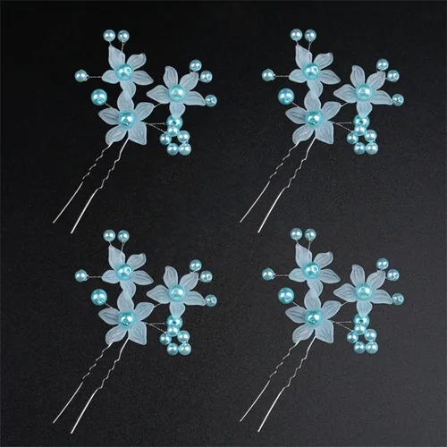 4 unids Blue Flower Horquillas de pelo antiguo ornamento de hadas perla palillos peine horquillas hechas a mano chino Hanfu Vintage Headwear
