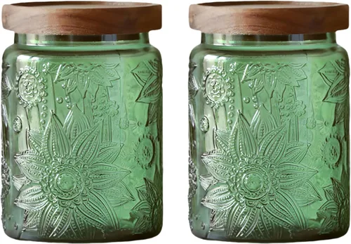 Miniatura 7 de Tarro de almacenamiento de vidrio vintage con tapa de madera maciza, recipiente de cocina con diseño de girasol para café, dulces, detergente