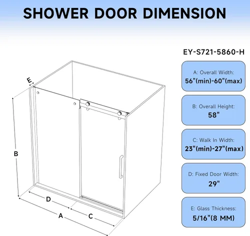 Miniatura 2 de Hasipu Puerta corrediza de ducha para bañera sin marco de 56-60 pulgadas de ancho x 58 pulgadas de alto, puerta de cristal de ducha con diseño