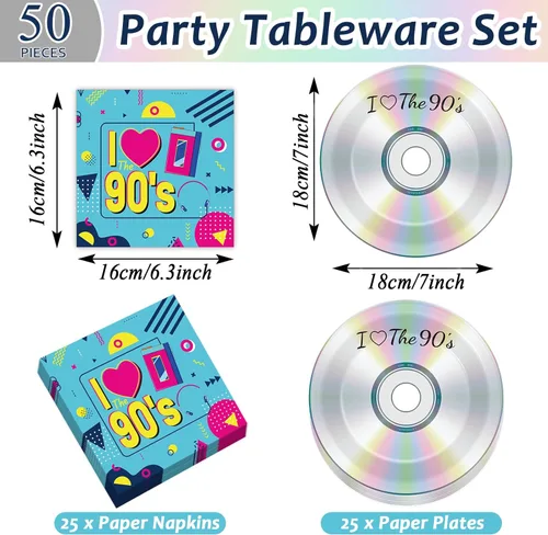 Miniatura 2 de 50 piezas de platos y servilletas de papel para fiesta de los 90 CD mix de los 90 platos de postre para fiesta temática de los 90 decoración retro