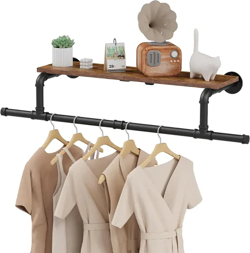Miniatura 8 de Perchero Industrial de Tubería, Perchero de Ropa de Hierro Resistente Montado en Pared para Colgar Ropa, Estante con Barra para Colgar
