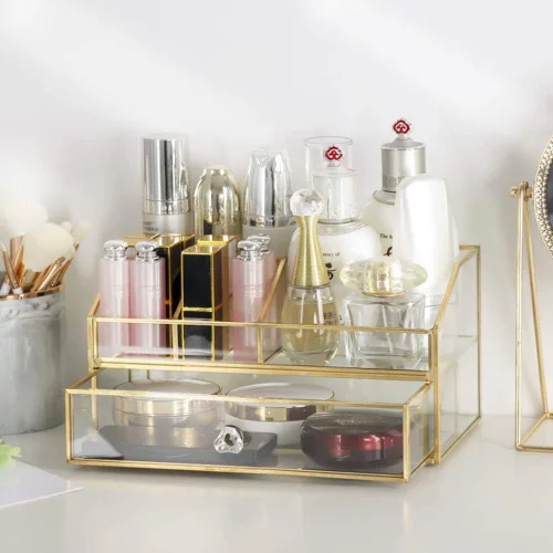 Miniatura 4 de YUEHUA Organizador de maquillaje de cristal, organizador de brochas de maquillaje transparente, caja de exhibición de joyas, esmalte de uñas dorado