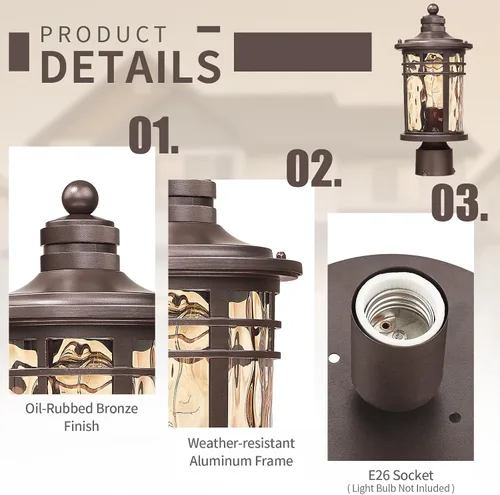 Miniatura 4 de Darkaway Luz de poste al aire libre, lámpara de poste de luz, carcasa de aluminio impermeable con vidrio ondulado ámbar para entrada de camino
