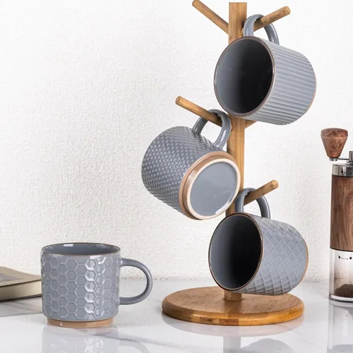 Miniatura 8 de GBhome Juego de 4 tazas de café apilables de 8 onzas, tazas de café de cerámica con patrones de textura para hombre, mujer, papá, mamá, tazas de Gris