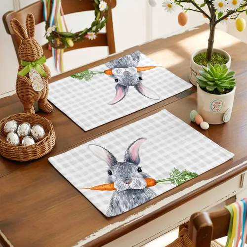 Miniatura 3 de Easter Placemats Funny Rabbit Carrots Place Mats for Dining Room Dinner Table Leaves Retro Washable Table Mats Spring Easter Day Kitchen Decorations