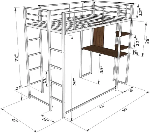 Miniatura 3 de East West Furniture BUTLBLK Buckland - Cama tipo loft individual, una cama de metal, una mesa, 2 estantes para libros y 2 escaleras con 3 y 4