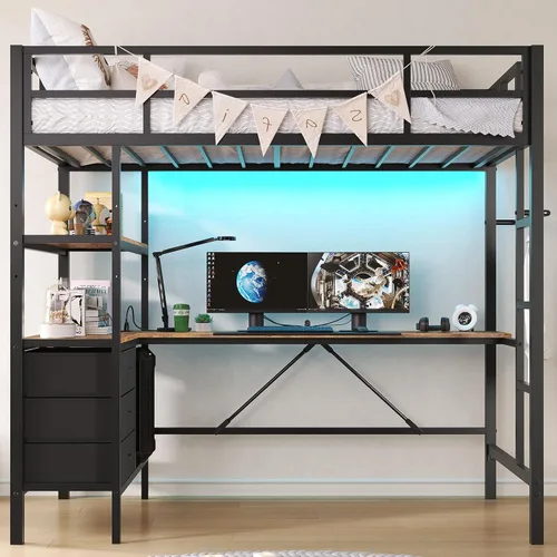Miniatura 3 de DICTAC Cama alta individual con escritorio en forma de L, luces LED, estación de carga LED de metal para niños, cama tipo loft tamaño individual