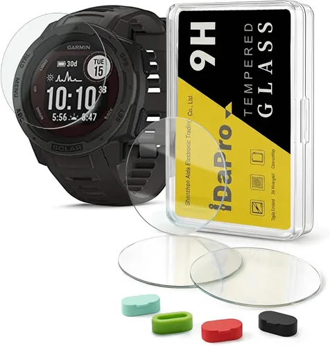 iDaPro Paquete de 4+4 protectores de pantalla para Garmin Instinct Solar Tactical/Instinct Tactical Smartwatch con tapones antipolvo de silicona,