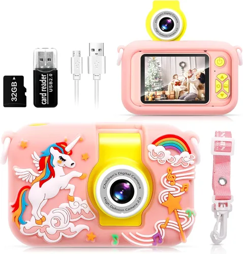 Miniatura 13 de ARNSSIEN Cámara para niños, cámara digital de juguete para niños pequeños con lente abatible de 180°, pantalla IPS de 2.4 pulgadas, tarjeta de 32