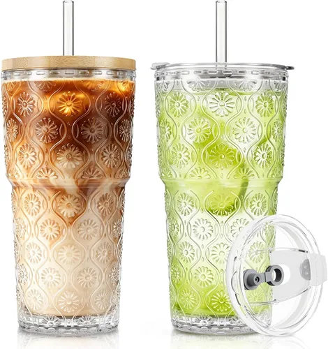SoulTimes Vaso de vidrio de flor de begonia de 20 onzas con tapas y popotes, 2 tazas de vidrio para café helado para batidos, matcha, jugo, agua,