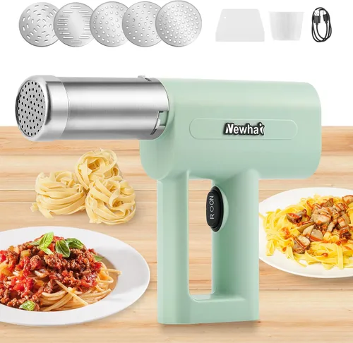 Newhai Máquina de pasta portátil de mano 5 en 1, máquina de pasta inalámbrica con disco moldeador, máquina eléctrica de fideos para ramen de