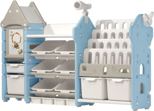 Miniatura 12 de UNICOO Organizador de almacenamiento de juguetes para niños con estantería, organizador de sala de juegos de 14 cubos y estantería, estante de Marrón