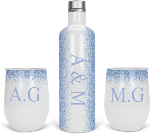 Vaso de vino personalizado, regalo de vaso de vino, paquete de 2 vasos de vino de acero inoxidable, paquete de 2 de 12 onzas y 1 botella de vino