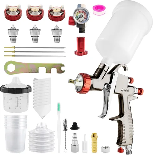 LVLP Pistola de pulverización de aire R500 Premium Kit con boquilla de 1.3/1.5/0.067 in, vaso de plástico de 20.3 fl oz y vasos desechables de 6.8