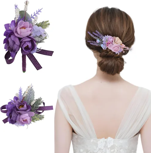Miniatura 8 de 6 piezas de flores artificiales para boda, ramillete de simulación de rosas pequeñas moradas, accesorios de flores artificiales para novia, novio