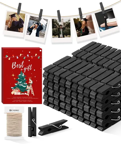 Mini prendedores para fotos, pinzas pequeñas de color negro, paquete de 100 clips de madera arcoíris coloridos con cuerda de 32 pies para