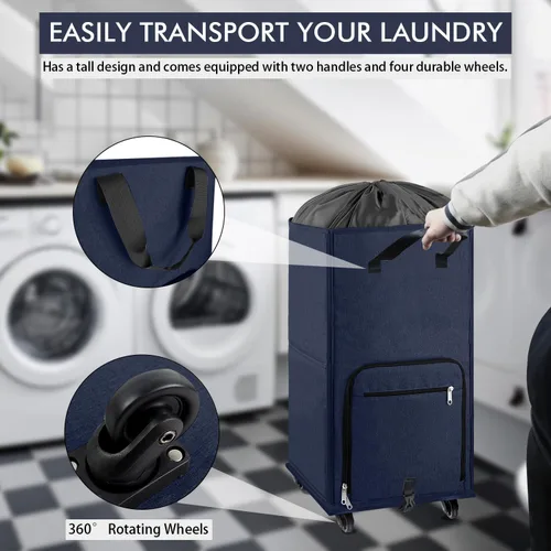 Miniatura 2 de Bukere Cesta de lavandería grande con ruedas, 4 ruedas y 2 asas, bolsa de lavandería con ruedas plegable independiente para ropa, apartamento