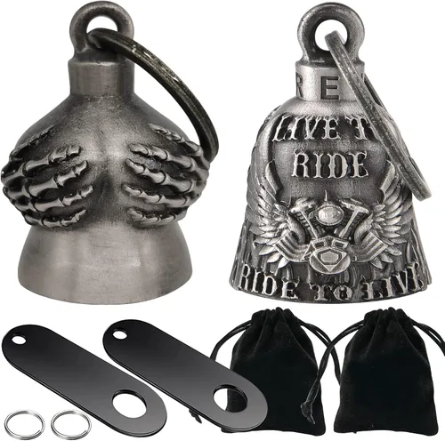Dream Apparel Paquete de 2 campanas de motocicleta, ángel de la guarda para motociclista, hombres y mujeres, montar con perchas, Drive Away Gremlins