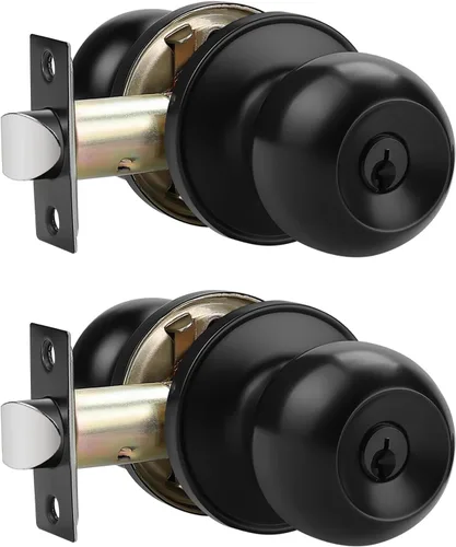 Probrico Cerraduras de puerta negras para dormitorios, pomos de puerta negros con cerradura y la misma llave, juego de cerradura de puerta exterior,