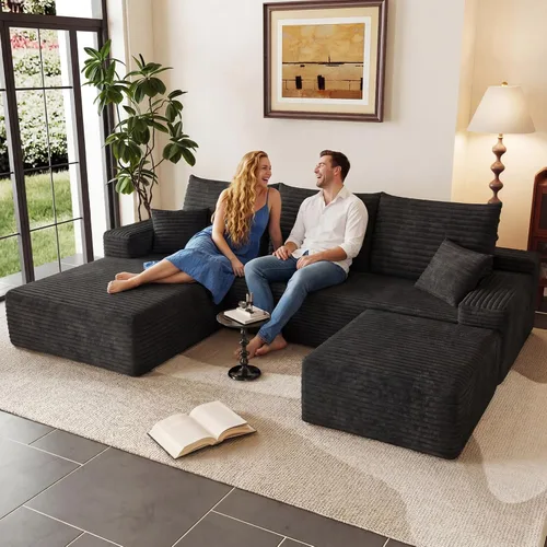 Miniatura 8 de Sofá modular de 95 pulgadas con otomana, moderno sofá nube de pana con asiento profundo, sofá sin hueso tapizado de 3 plazas en forma de U para sala