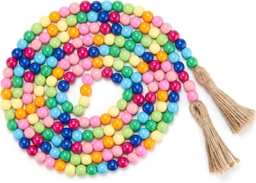 Miniatura 10 de Guirnalda de cuentas de madera con borlas, guirnalda de cuentas de madera para chimenea, estilo rústico, estilo vintage, bohemio, para fiesta