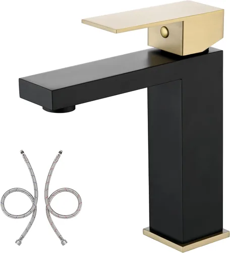 Miniatura 13 de sumerain Grifo de lavabo de recipiente, grifo de baño alto de acero inoxidable 304 con una sola manija, un solo agujero, negro y dorado, sin plomo