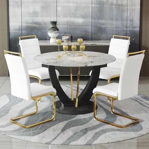 Miniatura 33 de Juego de mesa de comedor redonda de 48'' para 4, juego de mesa y sillas de cocina de mármol, conjunto de 4, mesa redonda con pata de MDF negro