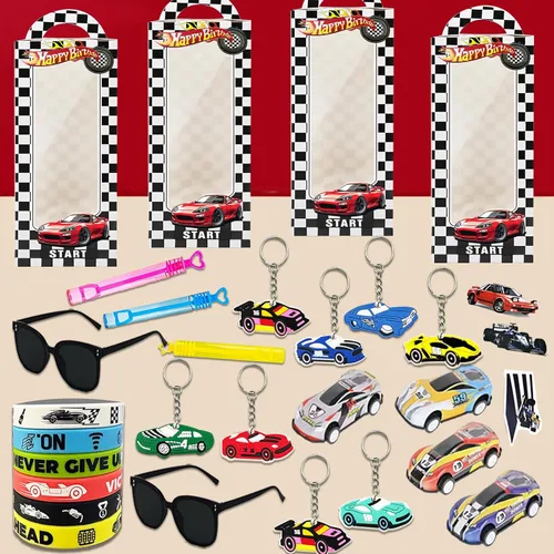 Miniatura 3 de Juego de 120 piezas de recuerdos de fiesta de autos de carreras, decoraciones de cumpleaños de automóvil, incluyendo pulseras de palmada, llaveros