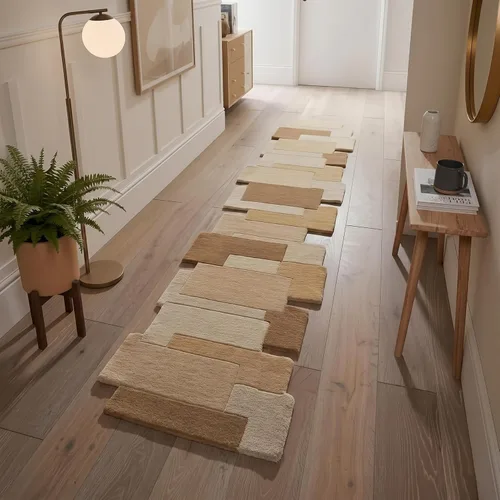 Restoration and Renovation Beige-Cream Wool Runner Rug 2.6' x 8' – Handmade, Irregular Block Pattern, Artistic Geometric Design Carpet for Living