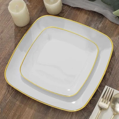 Miniatura 12 de Efavormart - Paquete de 10 platos cuadrados de plástico para postre de 7 pulgadas, color negro con borde dorado, platos desechables para ensalada