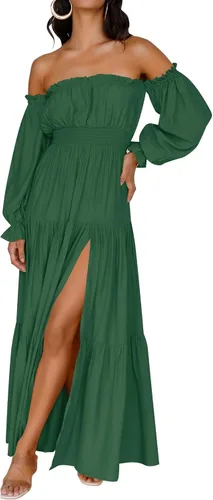 Miniatura 64 de ZESICA - Vestido largo, bohemio y sexy, con hombros descubiertos y manga larga fruncida, con elástico fruncido, cintura alta y abertura lateral