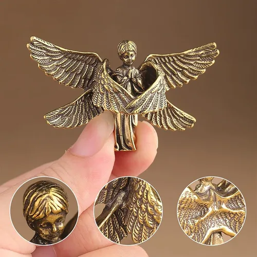 Miniatura 2 de Estatua de ángel de bebé rezando de cobre, bonita escultura conmemorativa de querubines de seis alas, portátil, tamaño pequeño, decoración