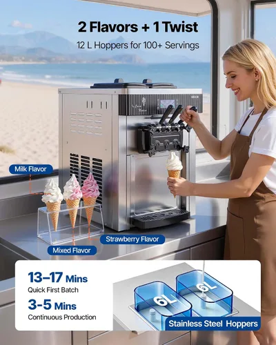 Miniatura 5 de VEVOR Máquina de helados comercial, rendimiento de 20-28 L/H, 2200 W 3 sabores para encimera de helado suave con 2 tolvas de 6 L y agitación