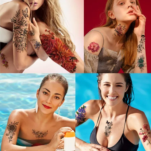 Miniatura 5 de Yazhiji 40 hojas de tatuajes temporales impermeables, colección de flores grandes, calcomanías de tatuaje falsas duraderas para mujeres o niñas
