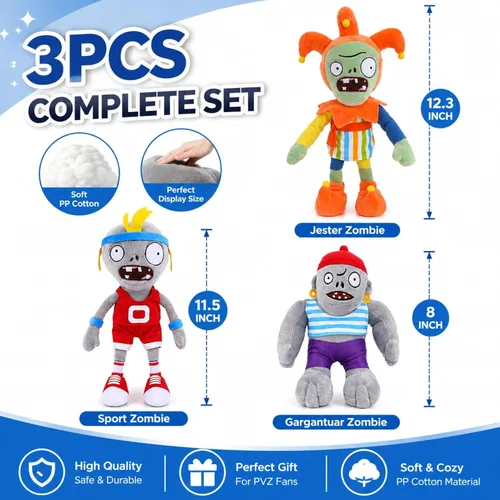Miniatura 3 de Dyharnsty 3 piezas de juguetes de peluche de Plants vs Zombies, Zombie Sport Jester Gargantuar Zombi, figura suave, plantas contra zombies, juguetes