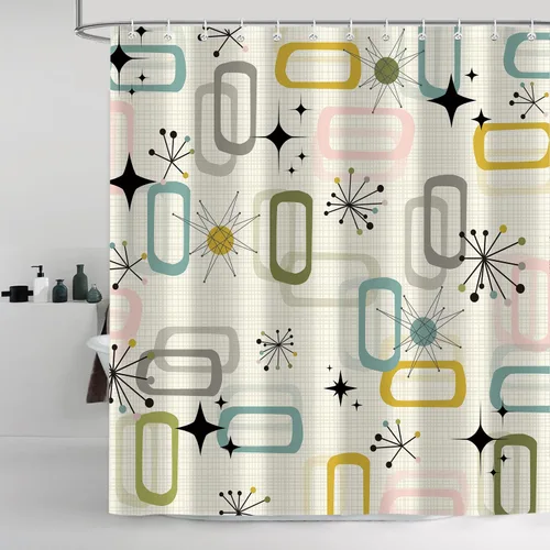 Miniatura 3 de Cortina de ducha de mediados de siglo, juego de cortinas de ducha bohemias y modernas a cuadros para decoración de baño, tela impermeable con 12