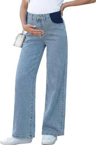 Miniatura 12 de BLENCOT Vaqueros de maternidad para mujer de cintura alta con pierna recta, pantalones de embarazo de mezclilla con bolsillos