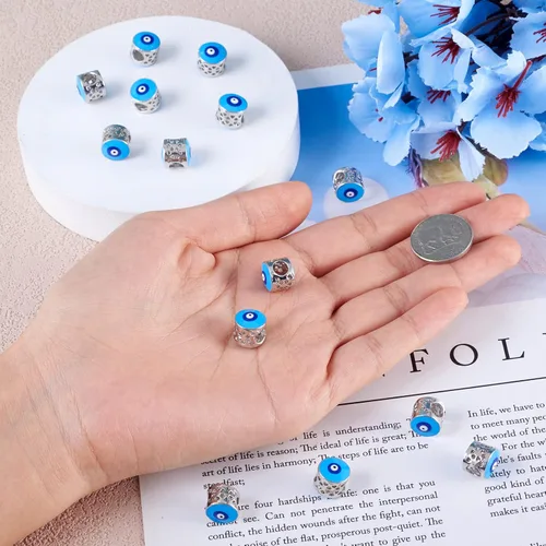Miniatura 7 de Pandahall - 20 cuentas europeas de esmalte de latón de barril de 0.394 x 0.472 in, color azul cielo claro, espaciadores de agujeros grandes, cuentas