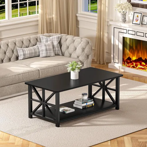 Miniatura 9 de GreenForest - Mesa de café con esquina redonda, mesa central de granja con estante de almacenamiento de 2 niveles diseño X-Frame para sala de estar
