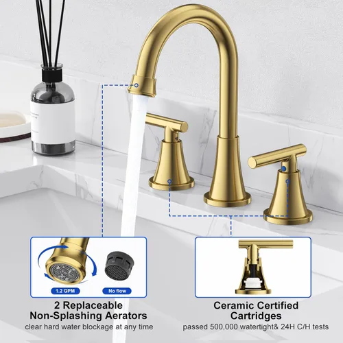 Miniatura 5 de Grifos de Baño para Lavabo de 3 Orificios, Hurran Grifo de Lavabo de Baño Dorado Cepillado con Desagüe Pop-up y Líneas de Suministro, Grifo Oro