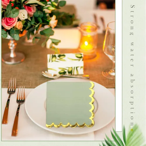 Miniatura 6 de Panelee Paquete de 100 servilletas de cóctel verde salvia con lámina dorada de 2 capas de postre plegadas de 5 x 5 pulgadas, servilletas desechables