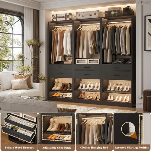 Miniatura 4 de Unikito Organizador de armario de 25 pulgadas de ancho x 80 pulgadas de alto, con barra para colgar y 2 cajones de madera, zapatero ajustable