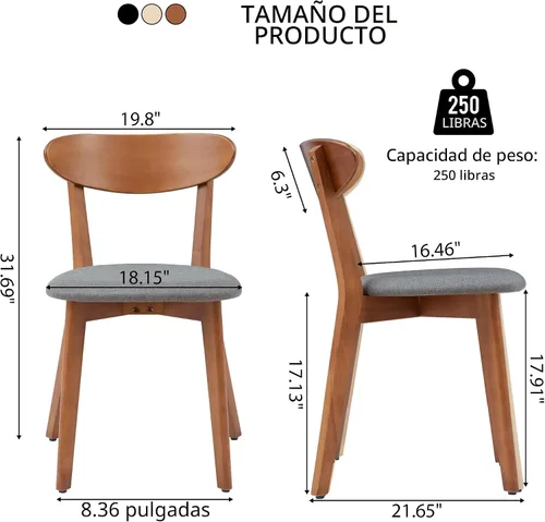 Miniatura 2 de weselon Juego de 4 sillas de comedor, silla de comedor de madera maciza sin reposabrazos, silla de comedor estilo de mediados de siglo con cojín