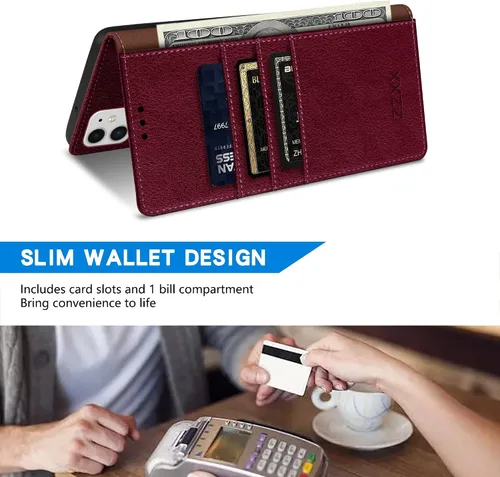 Miniatura 4 de ZZXX Funda tipo cartera para iPhone 11 con bloqueo RFID, ranura para tarjetas, función atril, cierre magnético, funda protectora de cuero para Rojo