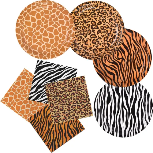 Suministros de fiesta con estampado de animales del zoológico de la selva, platos de papel desechables y servilletas para fiesta de cumpleaños, baby