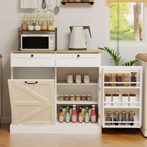 Miniatura 12 de RASOO Gabinete de basura de doble inclinación hacia fuera, cesta de lavandería independiente de madera con 2 cajones, cubo de basura de cocina