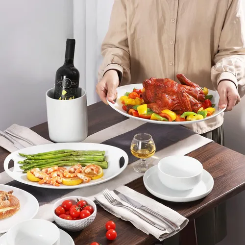 Miniatura 5 de Buyajuju Plato de porcelana con asas, platos para servir de 14 pulgadas para entretener, bandeja ovalada para ensalada, guiso, frutas y pasta, juego