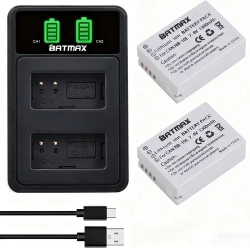 Batmax Paquete de 2 baterías NB-10L de alta capacidad (1300 mAh) + cargador USB dual LED para batería Canon NB-10L; cámaras digitales Canon