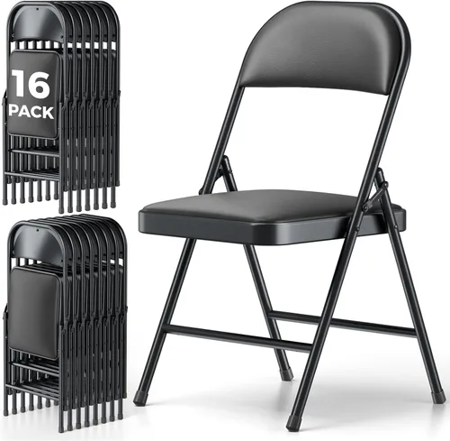 Miniatura 16 de Paquete de 2 sillas plegables, sillas de comedor plegables de piel sintética con asiento y respaldo acolchados, juego de sillas plegables